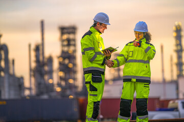 Two industrial workers in high-visibility safety uniforms discuss work plans on-site during golden...