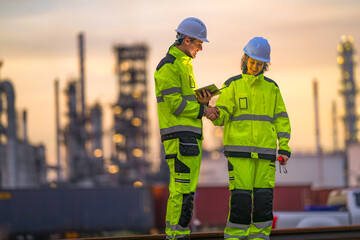 Two industrial workers in high-visibility safety uniforms discuss work plans on-site during golden hour, with a refinery or factory plant blurred in the background.