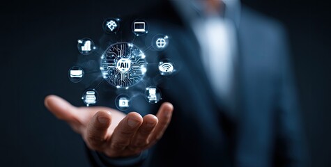 Hand holding a holographic AI network