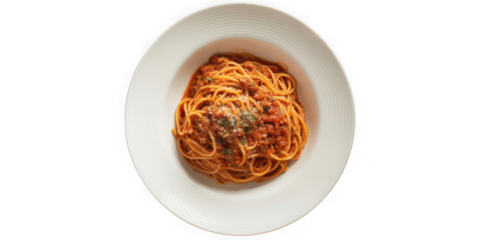 pates of Pasta spaghetti bolognese on white bowl, top view on white and transparent background