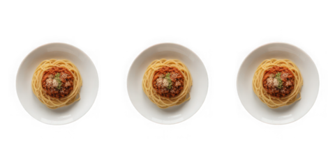pates of Pasta spaghetti bolognese on white bowl, top view on white and transparent background