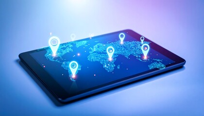 Digital Tablet Displaying Abstract World Map with Glowing Location Pins and Cool Gradient Lighting