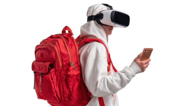Person wearing VR headset with backpack, engaging with smartphone, modern tech lifestyle, white isolate background.