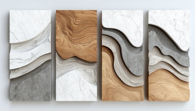 Four vertical panels depict layered, undulating textures of marble, wood, and concrete in grayscale and warm tones, creating a modern, abstract art piece