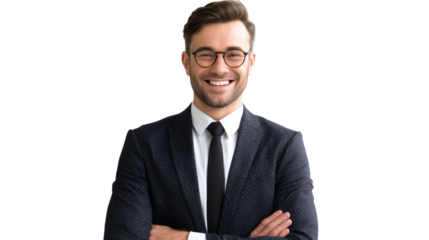 Smiling businessman in formal attire, standing confidently with arms crossed, isolated on a white background.