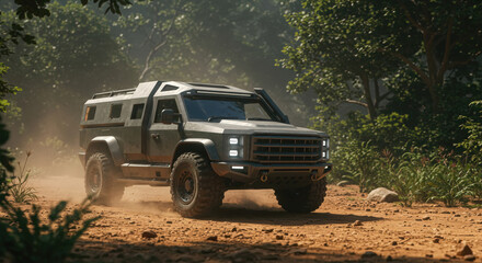 Futuristic looking fictional off road trekking truck in jungle road