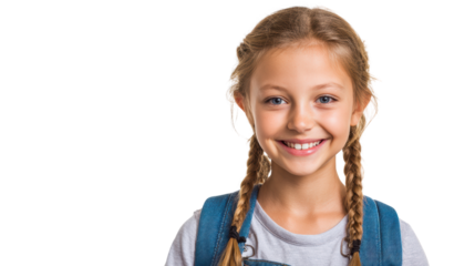Smiling girl with braided hair, wearing a shirt and denim overalls, isolated on a white background.