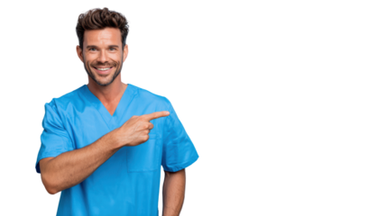 Smiling medical professional in scrubs pointing, isolated on white background.