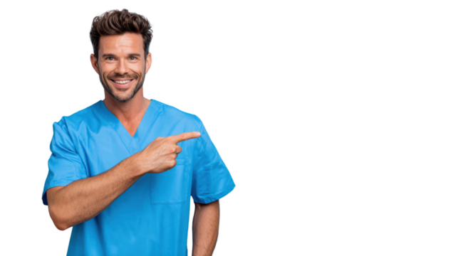 Smiling medical professional in scrubs pointing, isolated on white background.