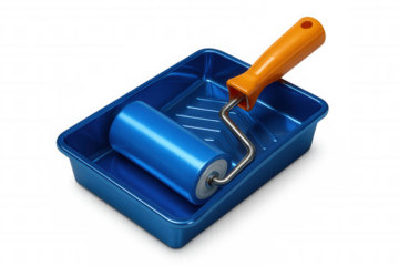 Blue paint roller lying in a blue tray, isolated on transparent background, ready for painting and home renovation