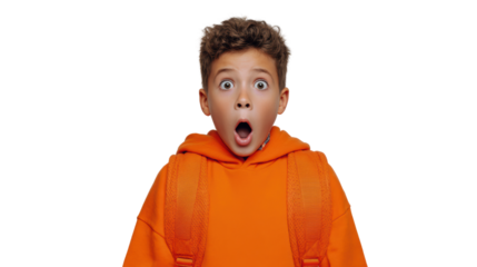 Surprised boy in an orange hoodie with a backpack, wide eyes and open mouth, isolated on a white background.