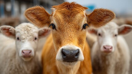 Cow for Eid Al Adha, Sheep and Lamb in Farm on Sunny Day with Space for Text, Advertising Photography