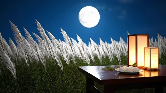 Traditional Tsukimi Moon Viewing with Pampas Grass, Dango, and Full Moon in Cinematic 4K UHD