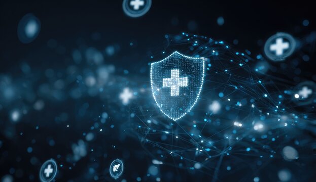 Digital shield with medical cross, surrounded by network - Powered by Adobe