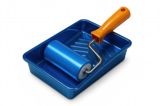 Blue paint roller lying in a blue tray, isolated on transparent background, ready for painting and home renovation