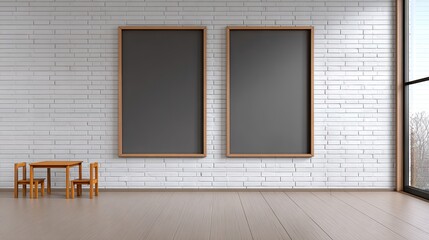 Two framed artwork displays in a room with a wooden table and chairs.