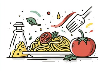 Colorful, minimalist illustration of spaghetti with tomato and herbs.  A fork lifts a portion of the pasta, with splashes of sauce and oil, and a cheese bottle and basil leaves