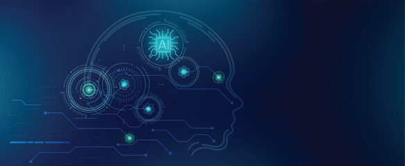 Artificial intelligence concept with human head and digital AI chip design