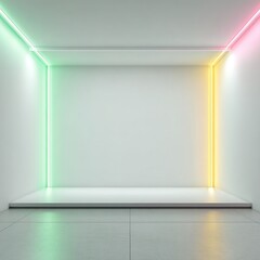 Fototapeta premium Minimalist white room with neon green, pink, and yellow corner lighting, featuring a raised platform