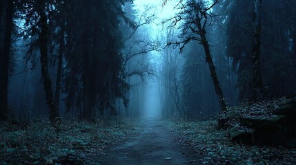 Obraz premium Creepy Dark Forest with Scary Pathway and Lonely Path