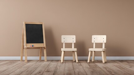 Wooden easel and chairs in a child's room.