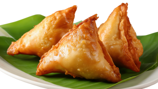 Three crispy samosas on a leaf plate, delicious appetizer, golden brown pastry filled with spiced potatoes.