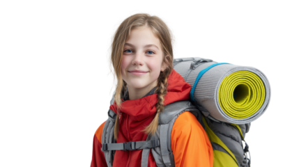 Young girl with backpack and sleeping mat, ready for outdoor adventure on isolated background.