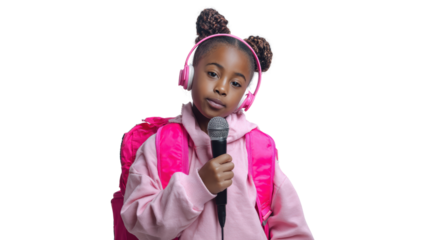 Young girl with headphones and microphone, ready to perform, isolated on white background.