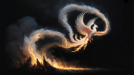A fiery phoenix with glowing wings rising from the flames.