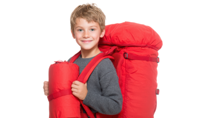 Young boy smiling with a red backpack, ready for an adventure on a white isolated background.