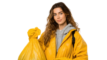 Young woman in yellow coat holds a trash bag with a smile, promoting environmental awareness and cleanliness.