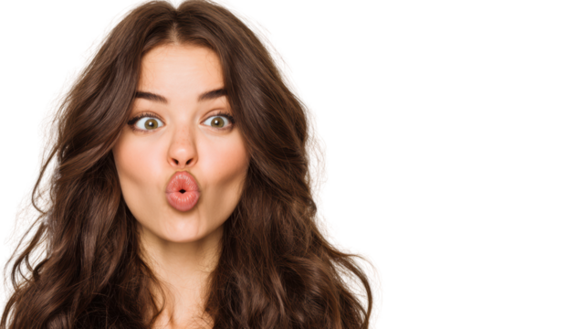 Young woman making a funny face with pouted lips, isolated on a white background.