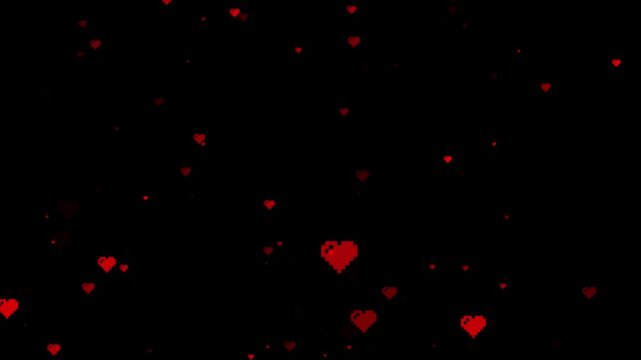 Animated pixel hearts rising gently on a black backdrop, Valentine's Day motion graphic