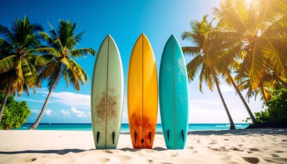 Colorful surfboards rest on a tropical beach, bathed in sunlight, showcasing a vibrant, idyllic summer scene.