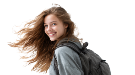 Young woman with backpack smiling, isolated on white background.