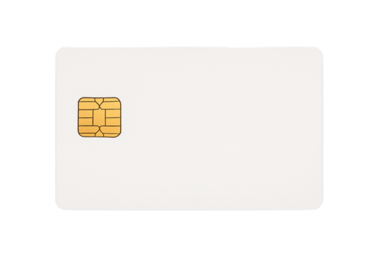 A blank white smart card or credit card with a gold chip, on a clean grey background
