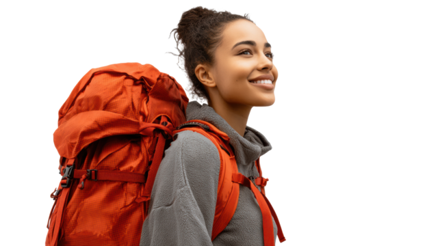 Young woman with a red backpack smiling against a white isolated background. - Powered by Adobe
