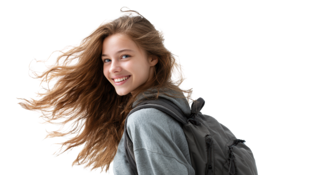 Young woman with backpack smiling, isolated on white background. - Powered by Adobe