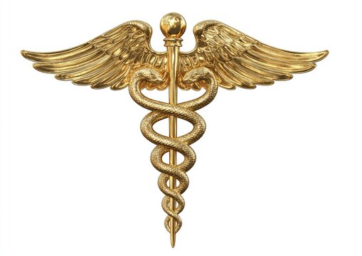 Gold Caduceus symbol. Ornate, 3D rendering of a golden medical emblem, featuring two intertwined serpents wrapped around a central rod. Large, detailed wings extend from the rod's top.