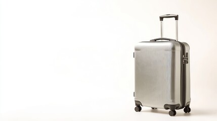 A gray rolling suitcase stands on a white solid background