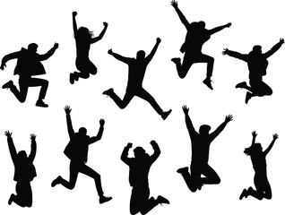 Group people jumping silhouette, happy friends celebration, energetic youth illustration, freedom and joy concept, lifestyle design, teamwork success, positive energy moment