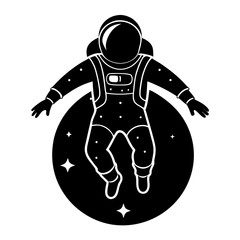 Black silhouette vector illustration of an astronaut floating isolated on white background with bold clean shape and minimalist modern design for professional use,
floating astronaut vector,
space exp