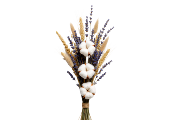 Beautiful dried flower bouquet with lavender, cotton, and wheat ears, perfect for rustic decor and gifts