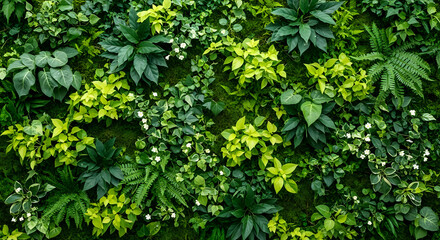 Lush green wall creates a refreshing, natural atmosphere with diverse foliage and delicate white flowers, perfect for wellness and sustainable living concepts