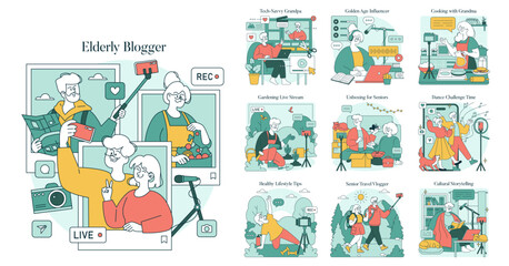 Elderly Blogger Vector Illustrations of Engaging Content Creation
