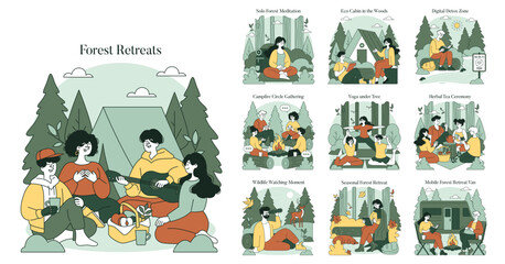 Forest Retreat Activities Vector Illustration Set