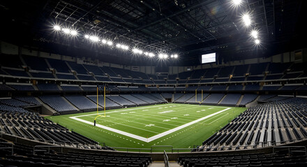 Stalwart Football Stadium With Bright Lights Illuminating The Empty Arena And Green Turf Field Ready For An Action-Packed Game Event