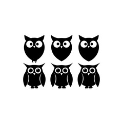 6 different owl silhouette vector icons set on whi