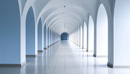 A spacious, light-filled colonnade with arched ceilings and pale blue walls, extending into the distance.