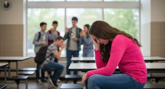 A distress girl sitting alone in classroom, the image depict social issue of bullying in school